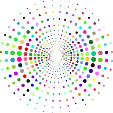 Daire ile dots tasarım projesi için. Noktalı resim efekti vektör çizim. Beyaz arka plan üzerinde renkli noktalar. Sunburst arka plan. Yuvarlak çerçeve tasarım şablonu.