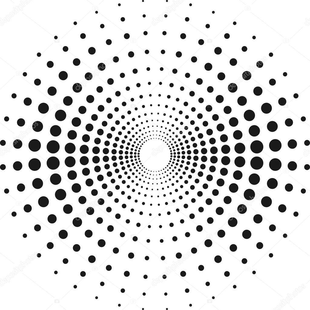 Circle with dots for Design Project. Halftone effect vector illustration. Black dots on white background. Black and white Sunburst background. Round frame design template.