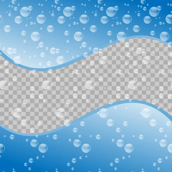 Su şeffaf arka plan üzerinde bırakır. Su kabarcıkları ile mavi kalıbı. Vektör çizim. Ekolojik Çevre arka plan, metin için yer ile. Grafik tasarım.