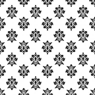 Siyah ve beyaz vektör arka plan. Güzel Kraliçe fleur de lys süsleme elemanları ile seamless modeli. Kraliyet moda illüstrasyon tarzında imzalar. Mükemmel Tekstil, kumaş, kağıt tasarımı.