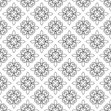 Alev almış zambağı seamless modeli. Vektör çizim. Siyah beyaz şablonu. Çiçek doku. Zarif dekorasyon, royal lily retro arka plan. Vintage için kart, duvar kağıdı, ambalaj, tekstil tasarım.