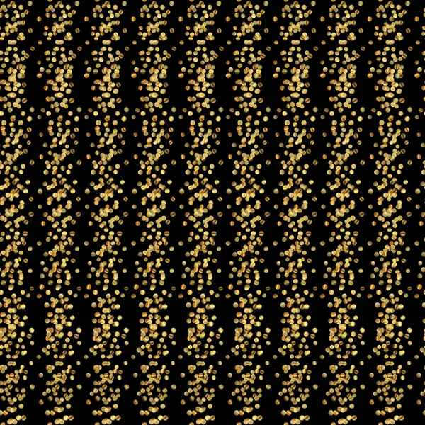 Patrón de rayas verticales sin costuras de líneas alternas de polvo de oro y rayas negras. Brillantes destellos, puntos dorados y lentejuelas en rico color dorado sobre fondo negro. Ilustración vectorial . — Vector de stock