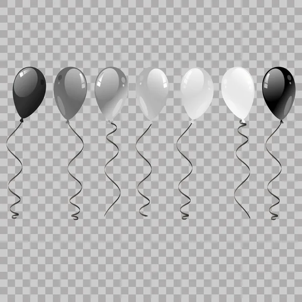 Ensemble d'argent, noir, blanc avec des ballons d'hélium confettis isolés dans l'air. Ballons volant pour la fête et les célébrations sur fond transparent. Vecteur d'hélium réaliste . — Image vectorielle