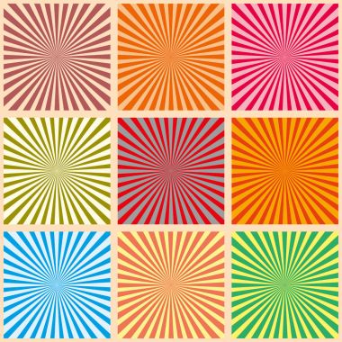 Renkli ışınları kümesi. Vektör çizim. Retro sunburst arka plan. Grunge tasarım öğesi. Siyah ve beyaz zemin. İyi resimler, duvar kağıtları için