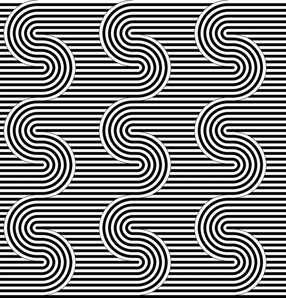 곡선된 줄무늬 완벽 한 패턴입니다. 벡터 일러스트입니다. 기하학적 스트라이프 장식입니다. 인터레이스된 줄무늬 테이프와 흑백 배경입니다. 그래픽 텍스처. — 스톡 벡터