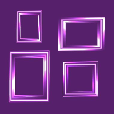 Mor arka plan üzerinde izole neon çerçeve kümesi. Klasik tarzı kompozisyon. Boş resim çerçevesi şablonu. Modern tasarım öğesi ürün mock-up veya sunum için.