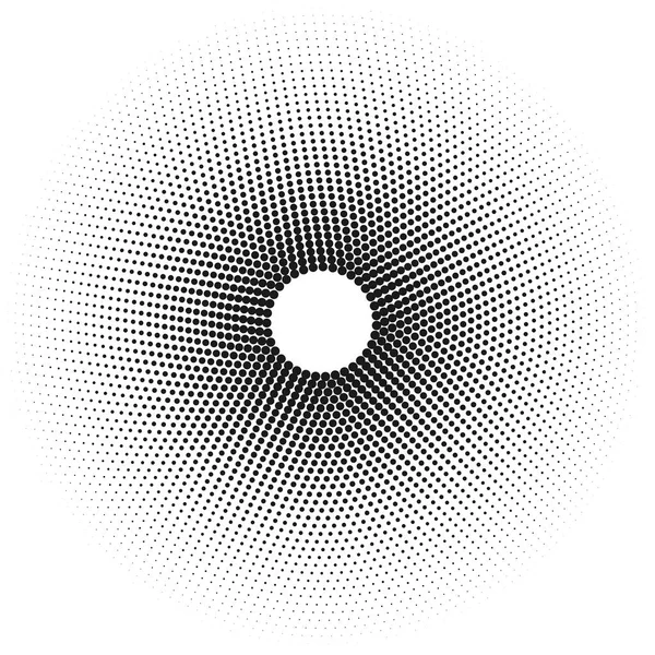 Círculo con puntos para el Proyecto de Diseño. Ilustración vectorial de efecto de medio tono. Lunares coloridos sobre fondo blanco. Fondo Sunburst blanco y negro. Plantilla de diseño marco redondo . — Vector de stock