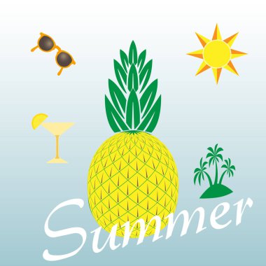 Yaz temalı arka plan palmiye ağaçları ve kokteyl cam, ananas ve güneş. Renkli vektör çizim. Yaz aylarında tropikal tasarım. Reklam, promosyon için güneşlenme aktivite şablonu.