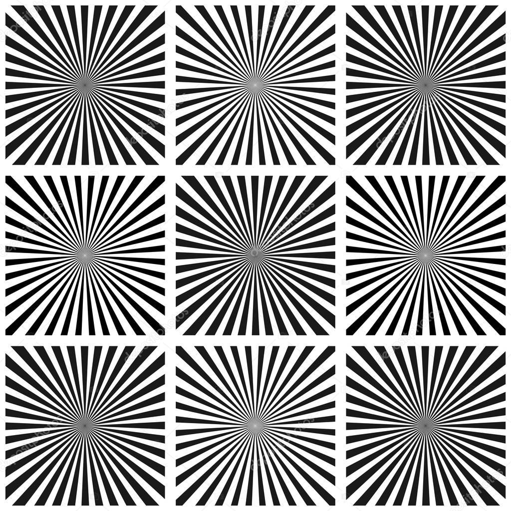 Set of Illusion rays. Vector Illustration. Retro sunburst background.Grunge design element. Black and white backdrop. Good for pictures, wallpapers