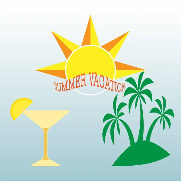 Fundo temático de verão com palmeiras e coquetel, abacaxi e sol.Ilustração vetorial colorida. Summertime tropical design.Sunbathing modelo de atividade para publicidade, promoções . — Vetor de Stock