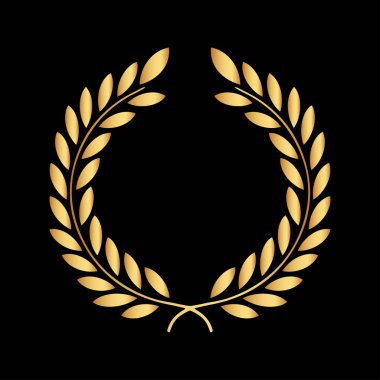 Altın defne simge siyah arka plan üzerine izole. Vektör sanat. Siyah, koyu tasarım. Davetiye, tebrik kartları, tırnak, Bloglar, posterler ve daha fazlası için mükemmel.