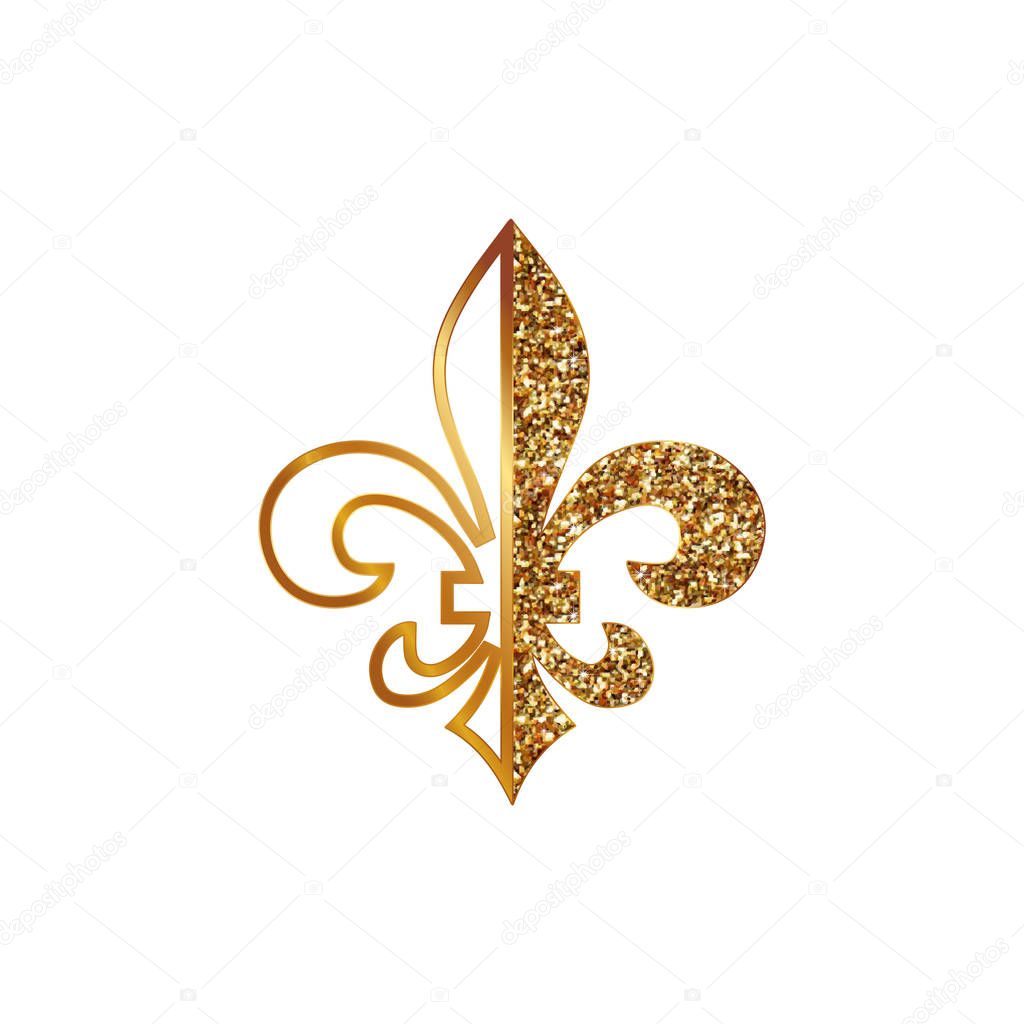 Fleur de lis symbols, golden glittering - heraldic symbols. Vector Illustration. Medieval signs. Glowing french fleur de lis royal lily. Elegant decoration symbols.