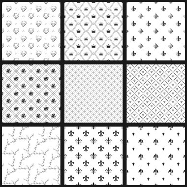 Vektör sorunsuz siyah-beyaz desen seti. Tek renkli duvar kağıtları koleksiyonu. Modern şık doku. Vektör çizim. Duvar kağıdı için kullanılabilir, desen doldurur, web sayfası, arka plan, yüzey dokuları.
