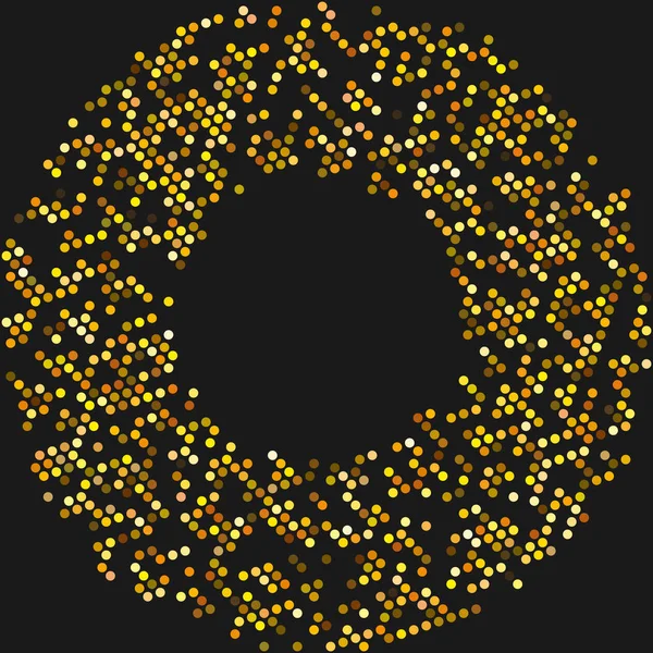 Círculo con puntos para el Proyecto de Diseño. Ilustración vectorial de efecto de medio tono. Puntos dorados en el fondo negro. Plantilla de diseño de marco redondo . — Vector de stock