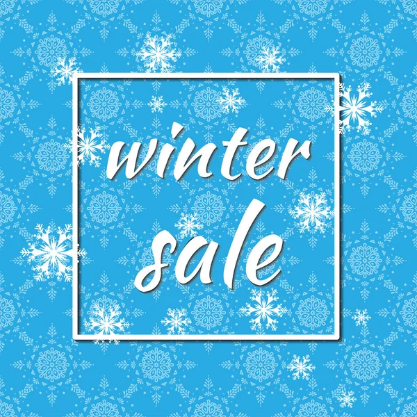 Venta de invierno. Ilustración vectorial. Fondo de invierno de color azul con copos de nieve y luces para la promoción estacional. Se puede utilizar como un cartel, invitación, etiqueta, volante . — Vector de stock