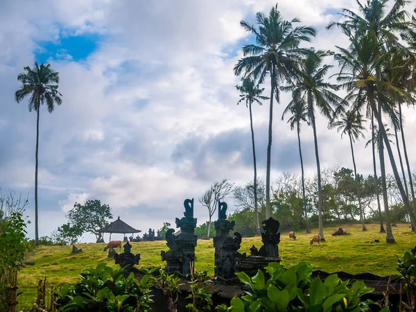 Pared del templo con vacas y palmeras en un campo — Foto de Stock