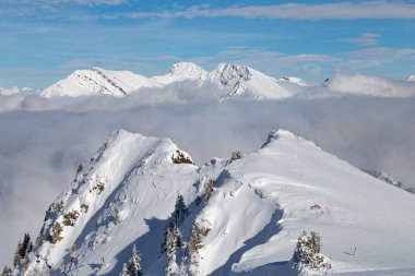 Kar ve bulutlar ve ağaçları ile kaplı dağları