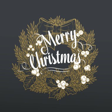 Noel çelengi, fiyonklu, kutsal ve harfli. Vektör el çizimi Noel afişi.