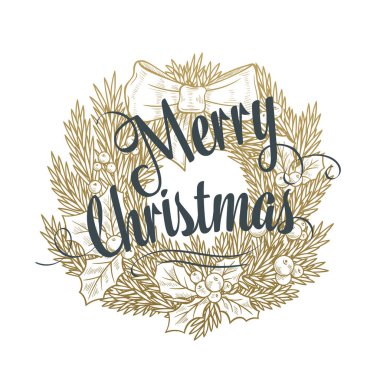 Noel çelengi, fiyonklu, kutsal ve harfli. Vektör el çizimi Noel afişi.