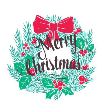 Noel çelengi, fiyonklu, kutsal ve harfli. Vektör el çizilmiş Noel afişi.