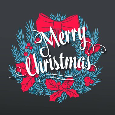 Noel çelengi, fiyonklu, kutsal ve harfli. Vektör el çizilmiş Noel afişi.