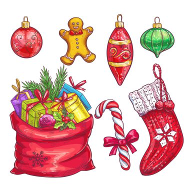 Vektör eli Noel dekoratif unsurları çizdi. Çorap, hediye dolu çanta, Noel kurabiyeleri, şeker, eskiz tarzında süsler..