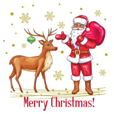 Çizim tarzında mutlu noel kartları. El çizimi Noel Baba ve geyik. Vektör illüstrasyonu