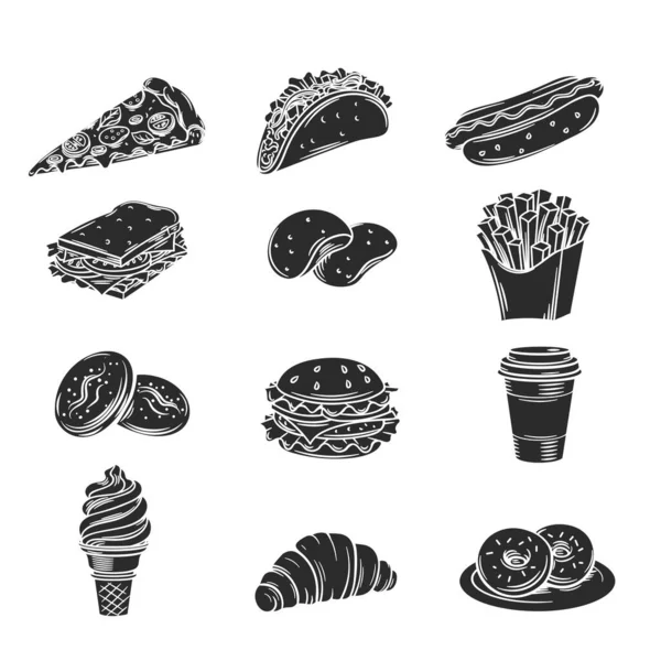 Wektor Monochromatyczne Ikony Dekoracyjne Fast Food Ilustracja Przekąskami Hamburger Frytki — Wektor stockowy
