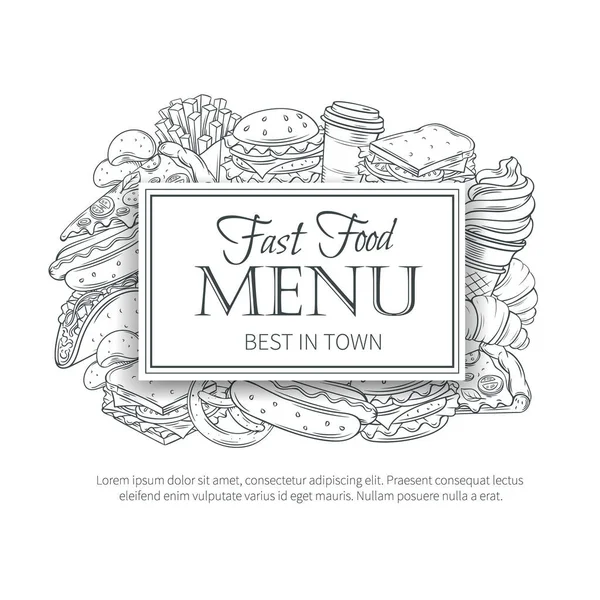 Menù Design Fast Food Mano Vettoriale Illustrazione Con Snack Hamburger — Vettoriale Stock