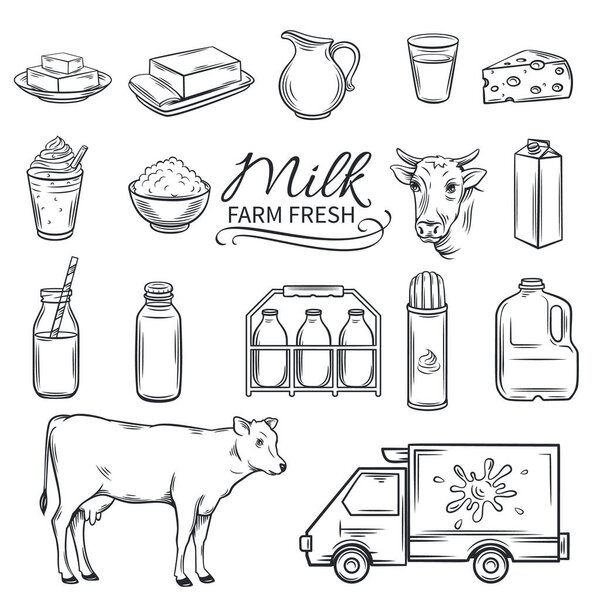 Set Hand drawn decorative milk icons. Vector illustration farm milk product in old ink style.