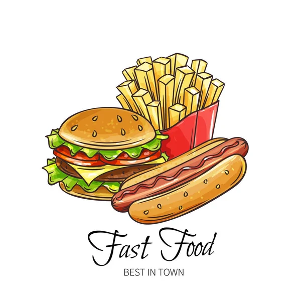 Bannière Dessinée Main Fast Food Hamburger Hot Dog Frites Icône — Image vectorielle