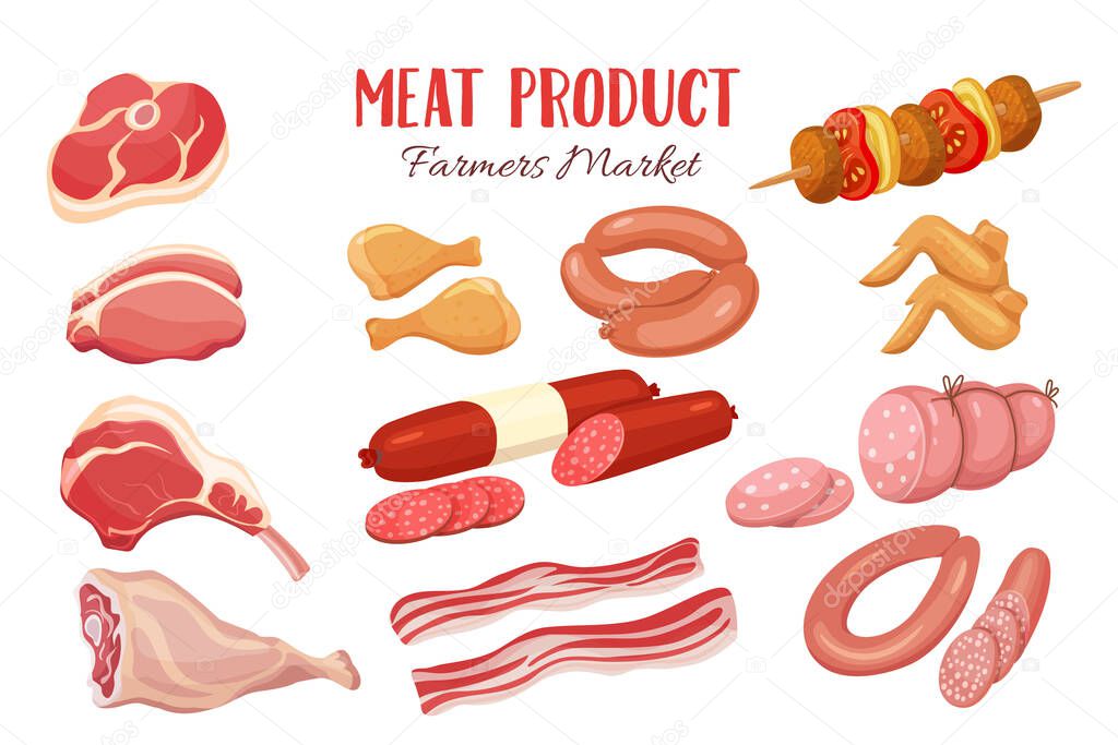 Gastronomic meat products in cartoon style. Vector icons steak , barbecue, lamb, chops, bacon, chorizo, sausage, chicken wings, chicken legs ham salami and slices sausage