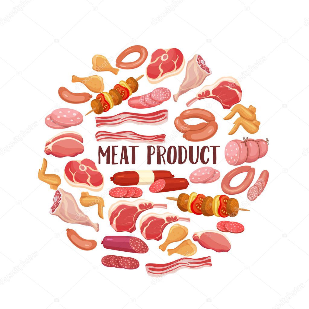 Meat products in cartoon style. Vector icons steak , barbecue, lamb, chops, bacon, chorizo, sausage, chicken wings, chicken legs ham salami and slices sausage
