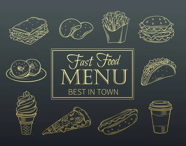 Icone Vettoriali Disegnate Mano Fast Food Illustrazione Con Snack Hamburger — Vettoriale Stock