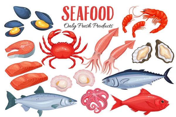 Seafood Cartoon Style Vector Icons Mussel Fish Salmon Shrimp Squid — Stock Vector