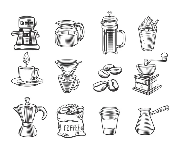 Conjunto Ícones Café Decorativos Desenhados Mão Vector Ícones Café Para —  Vetores de Stock