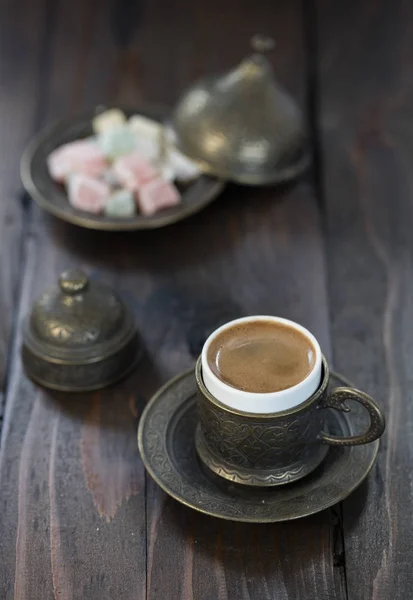 Turkish Coffee Turkish Delights Wooden Back Ground — Stock Photo, Image