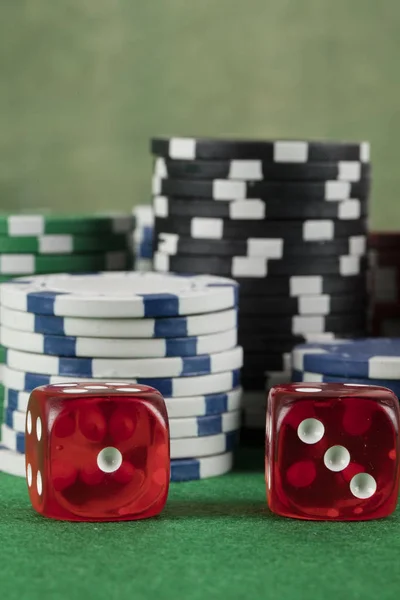 Two Red Dices Different Chips Green Background Gambling Betting Addiction — Stock Photo, Image