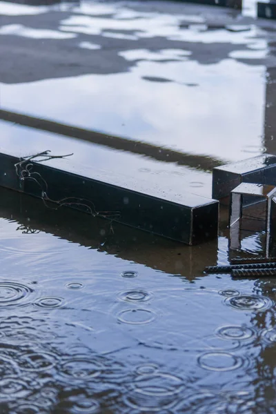 Big Square Metal Pipes Parts Rain Construction Sky Reflection — Stock Photo, Image