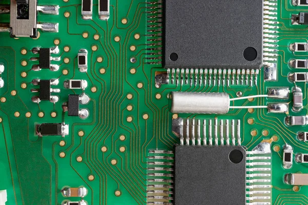 Pcb Board Supermacro Close Many Capacitors Resistors Board Digital Engineering — Stock Photo, Image