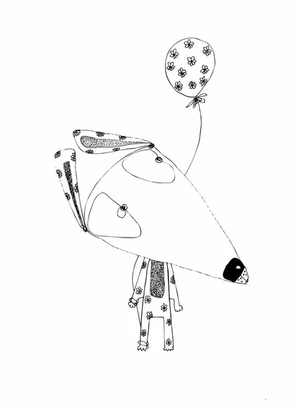 黑色图形狗与气球在白色背景 — 图库照片