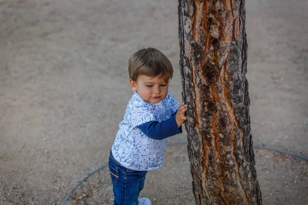 Un niño pequeño se apoya en un árbol para evitar que se caiga —  Fotos de Stock