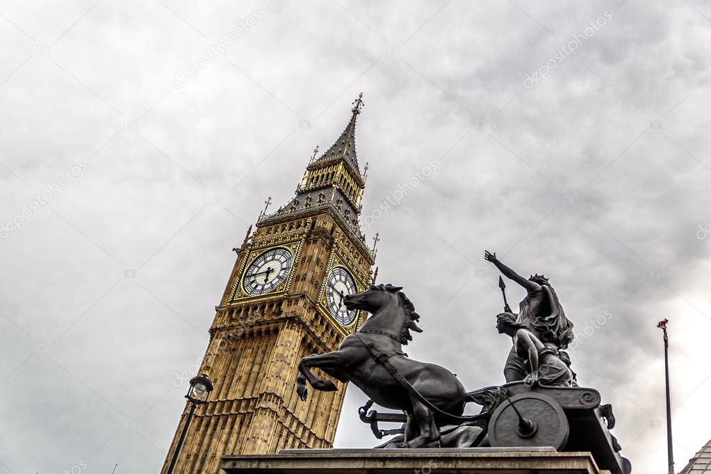 Statue of Boudicca with chariot and horses, near Westminster, Bi
