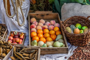 Bir organik tarım Sergisi, armut, portakal, şeftali ve sebze