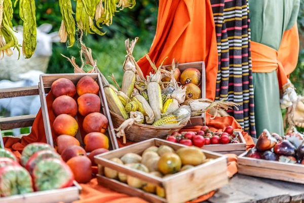 Renkli meyve ve sebzeler, ürün yelpazesine yerleştirilen sepetler içinde 