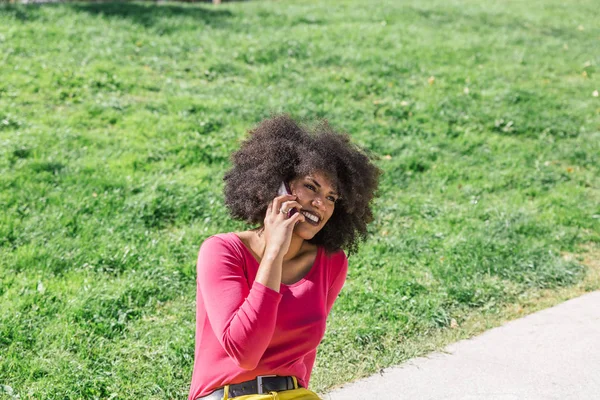 Pretty dark skinned girl with perfect smile and teeth, smiles while talking on the phone, sitting in a park on a sunny day — Stock Photo, Image