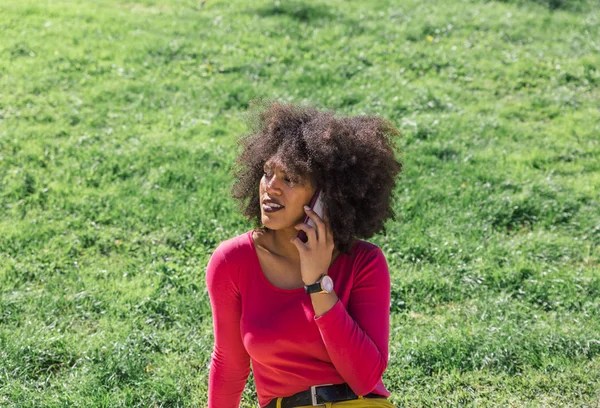 Smiling young girl talks to her mobile phone while sitting on the grass of a park — Stock Photo, Image