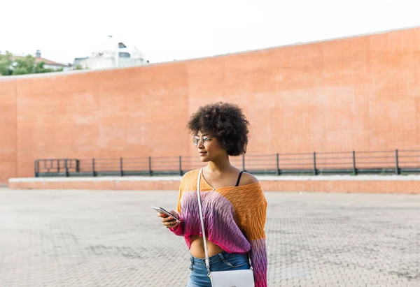 Gorgeous African American Girl Colorful Clothes Pensive Street While Holding — Stock Photo, Image