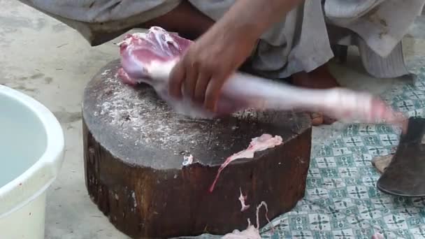 Butcher Cutting Meat Unhygienic Conditions — Stock Video
