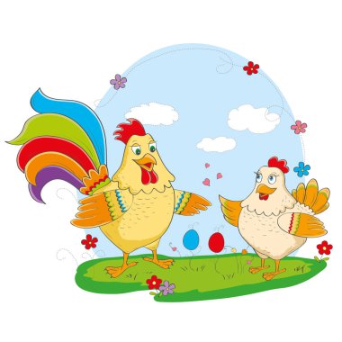 Sevimli çizgi horoz ve tavuk 